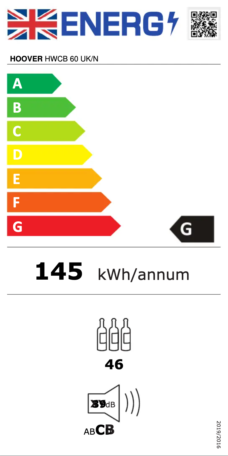 Page 1 de la notice Label énergétique Hoover HWCB 60 UK/N