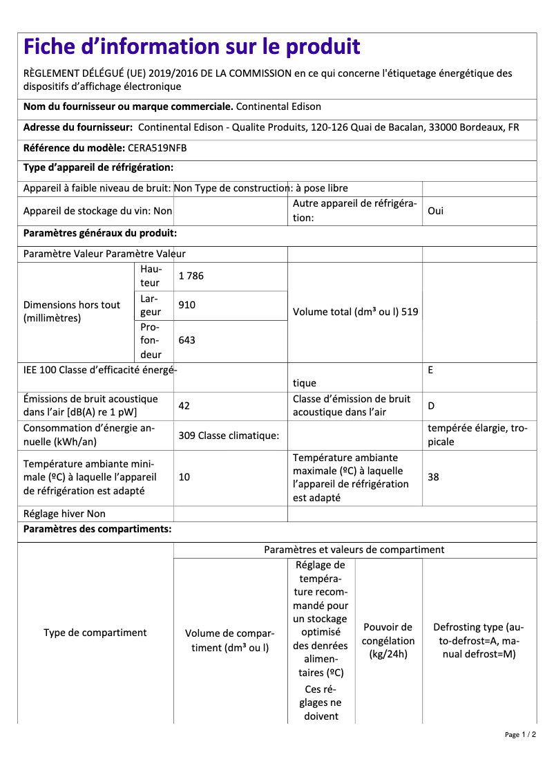 Page n°1 - Label énergétique Continental Edison CERA519NFIX