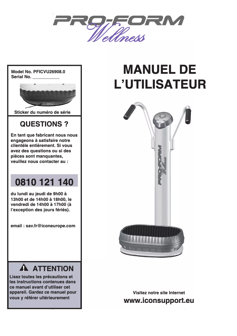 Page 1 de la notice Manuel utilisateur Pro-form PFICVU26908.0