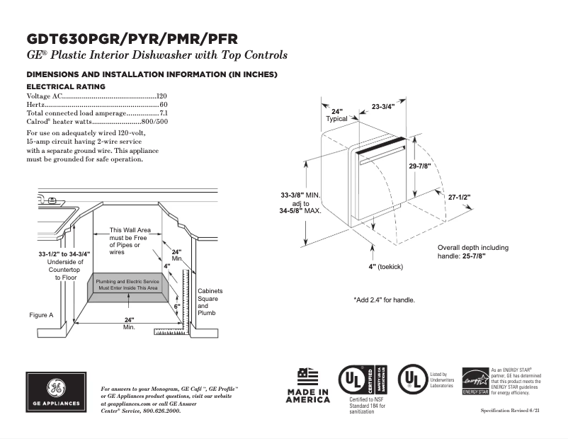 Page 1 of the manual Technical Sheet GE GDT630PGRWW