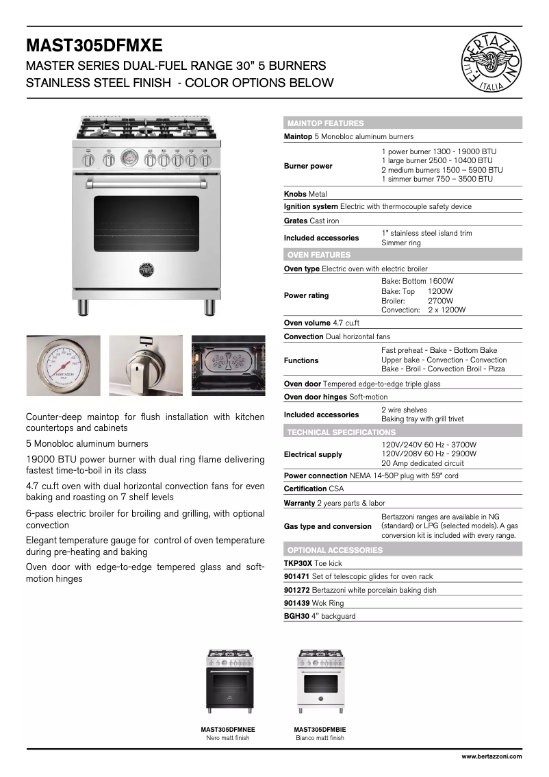 Page 1 de la notice Fiche technique Bertazzoni MAST305DFMNEE
