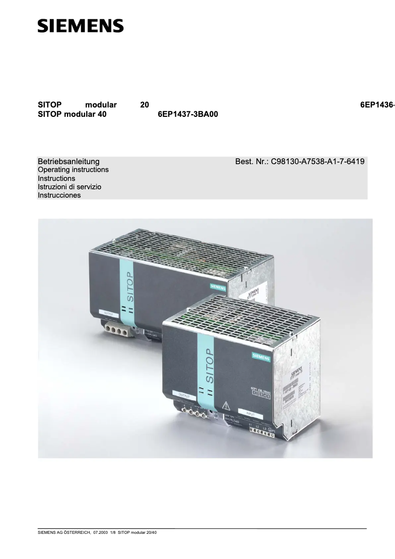 Image de la première page du manuel de l'appareil SITOP Modular 24