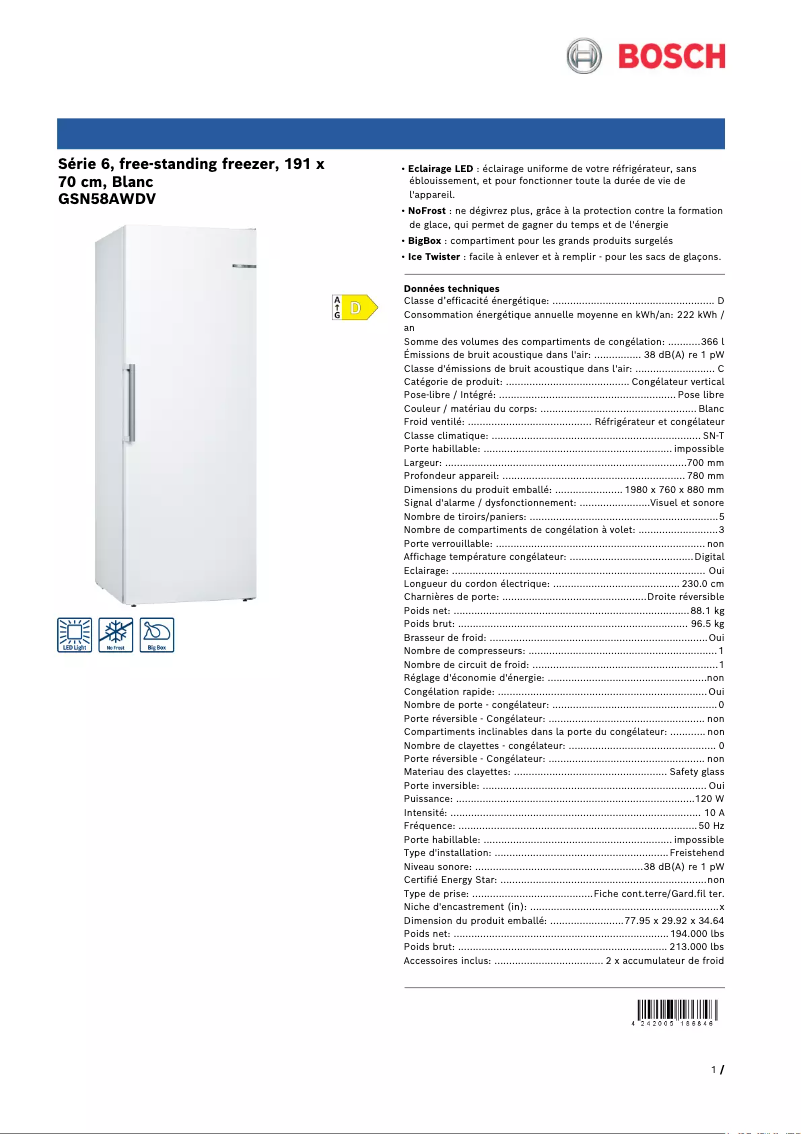 Página 1 del manual Ficha técnica Bosch GSN58AWDV