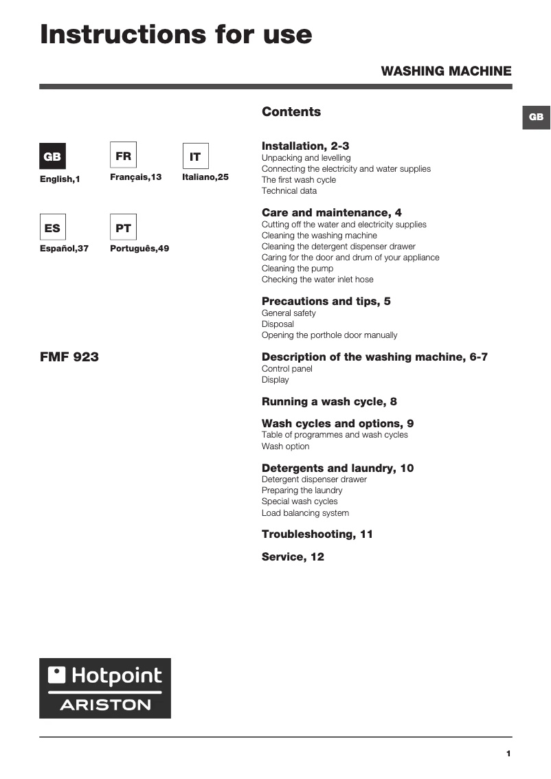 Page n°1 - Manuel utilisateur Hotpoint Ariston FMF 923K EU.C