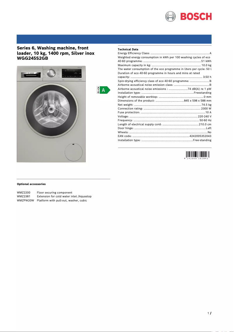 Página 1 del manual Ficha técnica Bosch WGG245S2GB