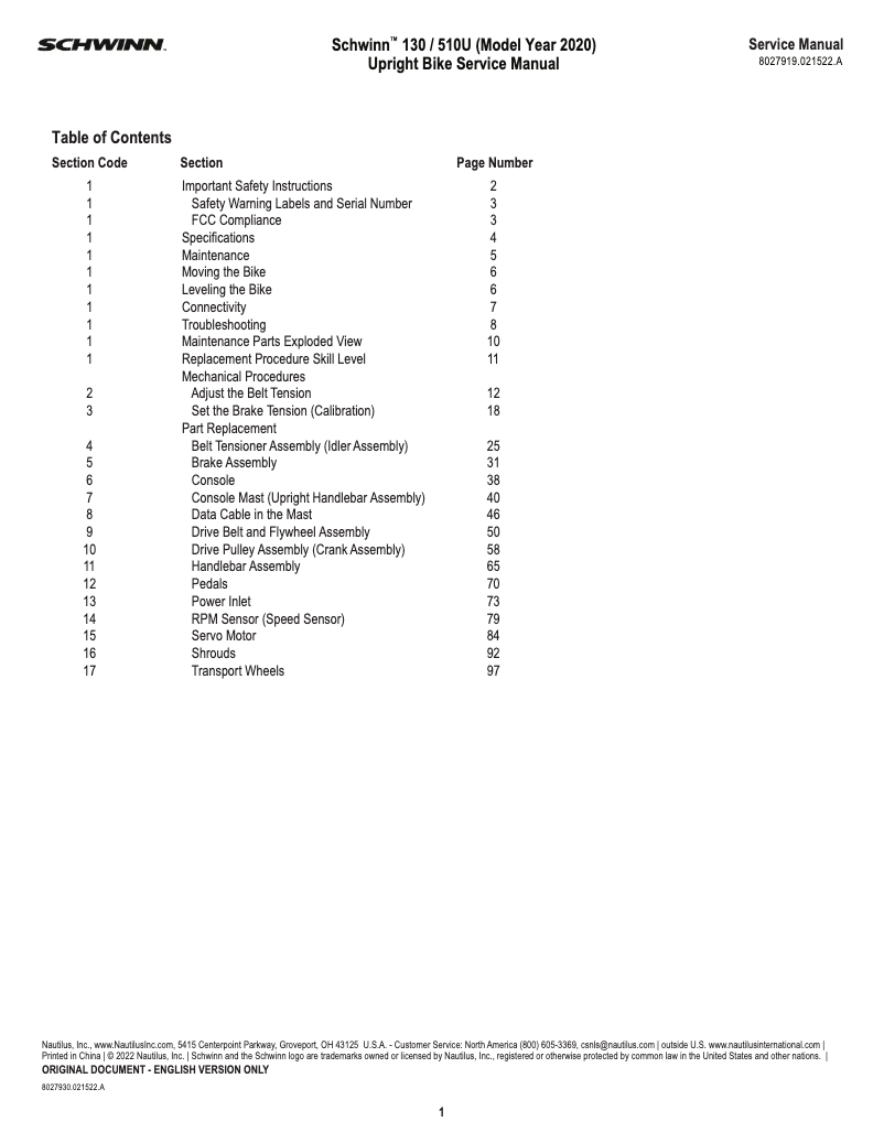 Page n°1 - Manuel utilisateur Schwinn 130