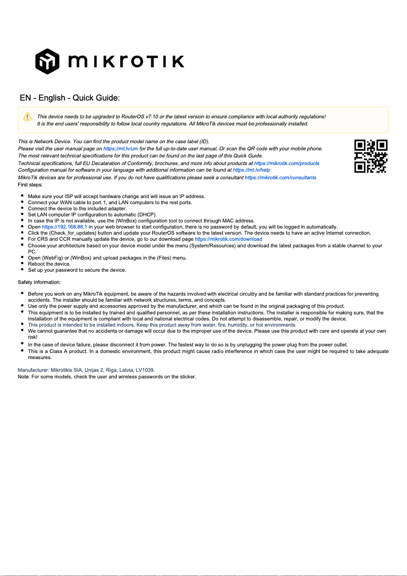 Page 1 de la notice Manuel utilisateur Mikrotik RB2011UiAS-RM