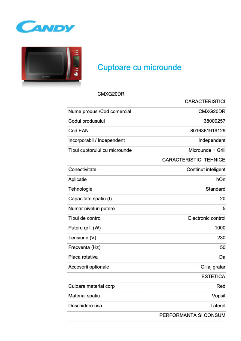 Page 1 de la notice Fiche technique Candy CMXG20DR