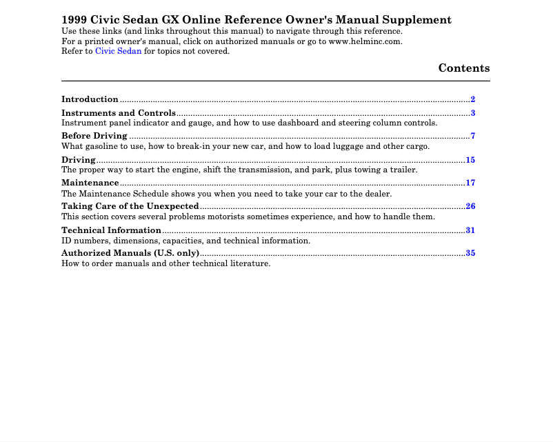 Page 1 de la notice Manuel utilisateur Honda Civic Sedan GX (1999)