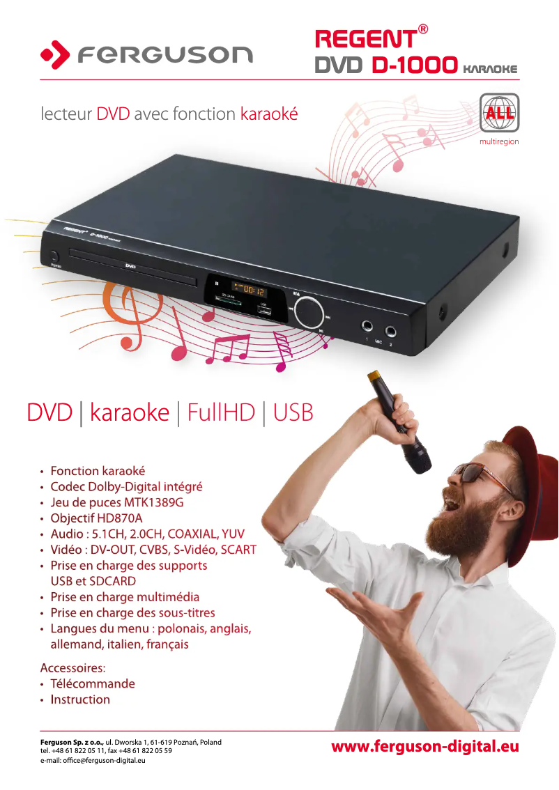 Page 1 de la notice Fiche technique Ferguson Regent DVD D-1000k karaoke