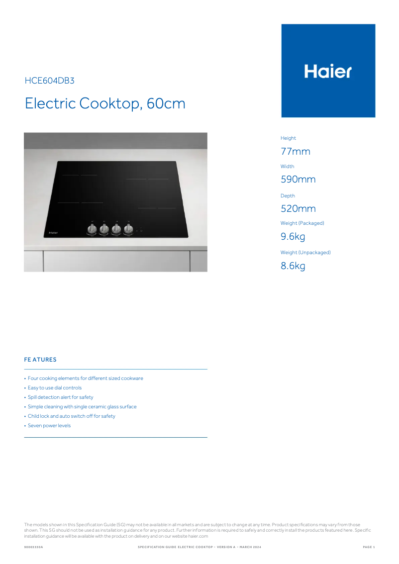 Page 1 de la notice Fiche technique Haier HCE604DB3