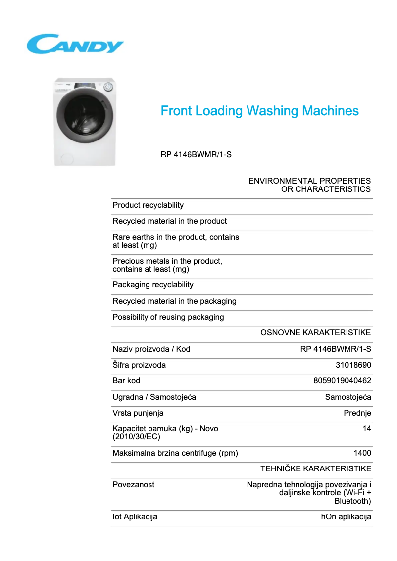 Page 1 de la notice Fiche technique Candy RP 4146BWMR/1-S