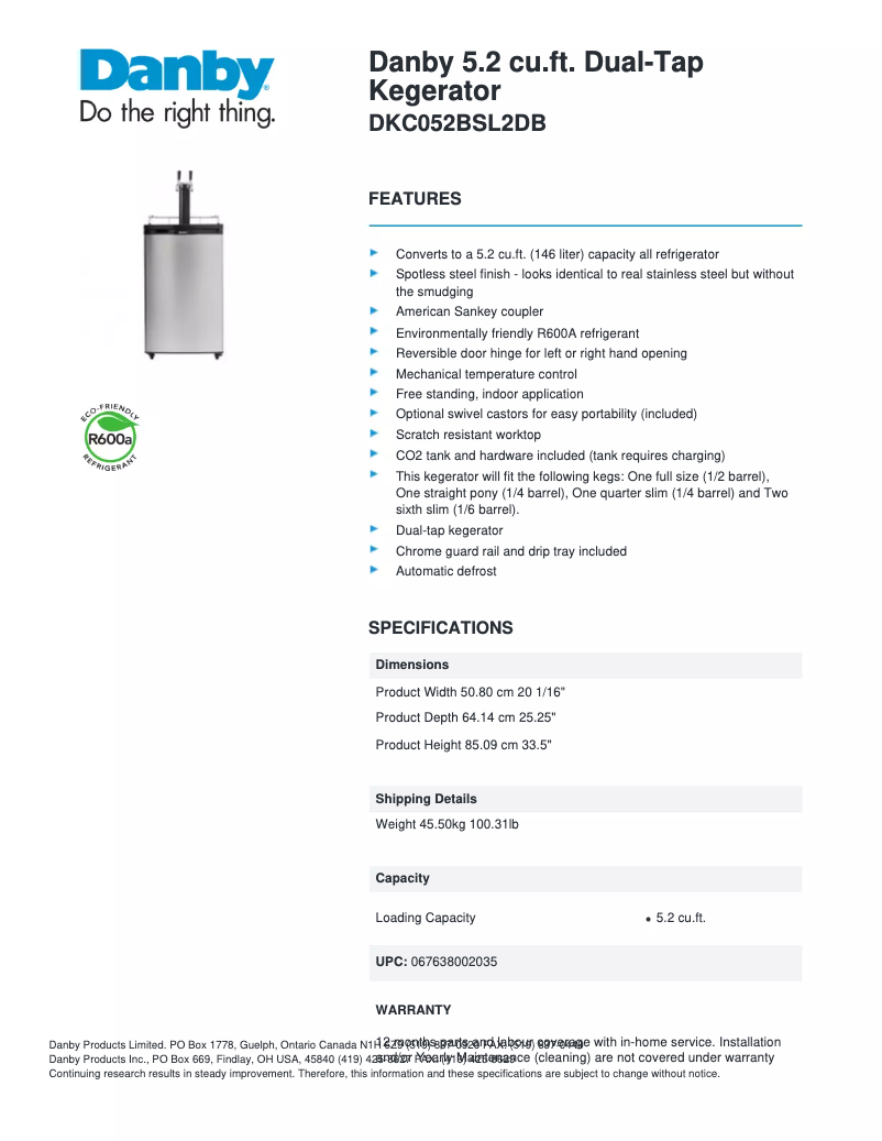 Page 1 de la notice Fiche technique Danby DKC052BSL2DB