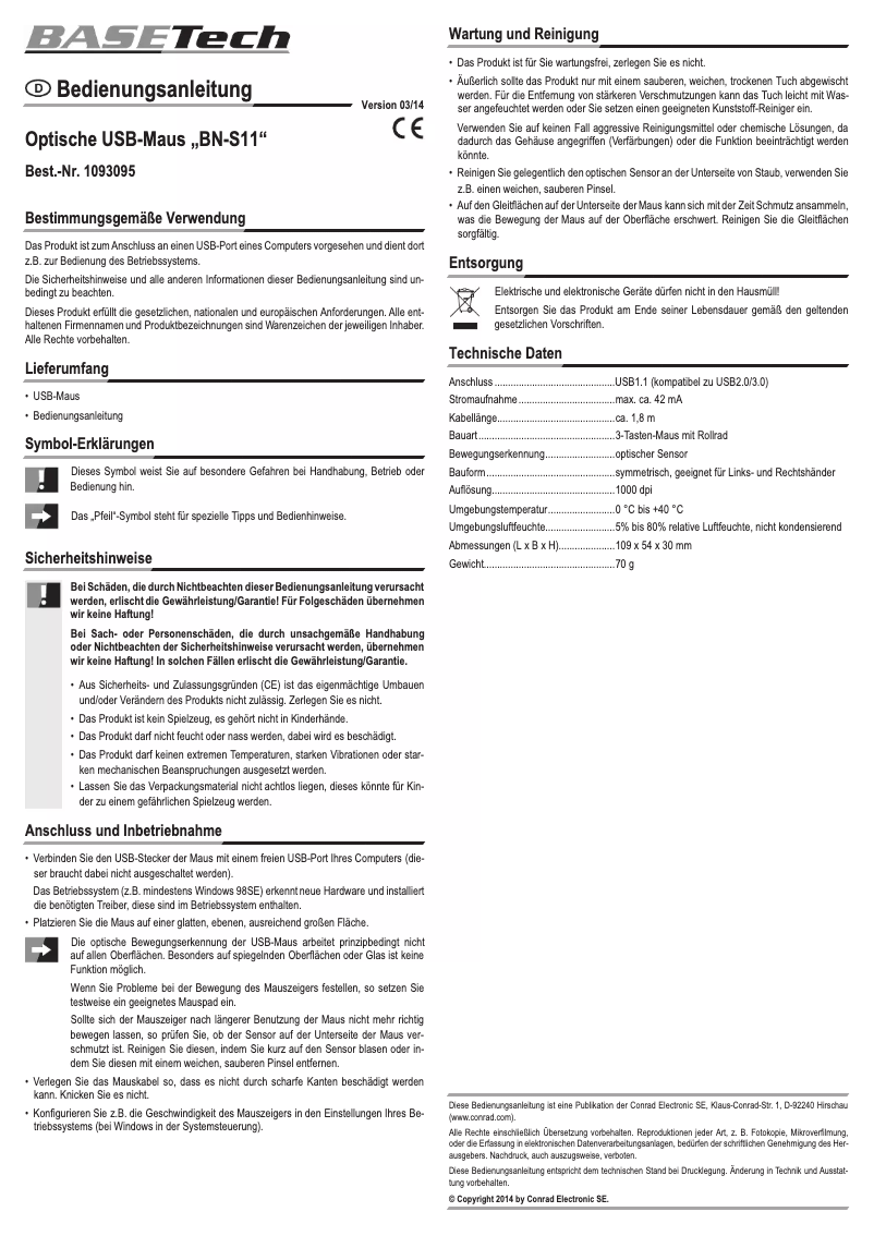 Page 1 de la notice Manuel utilisateur BaseTech BN-S11