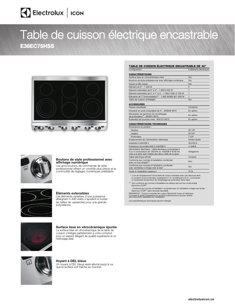 Page n°1 - Fiche technique Electrolux ICON E36EC75HSS