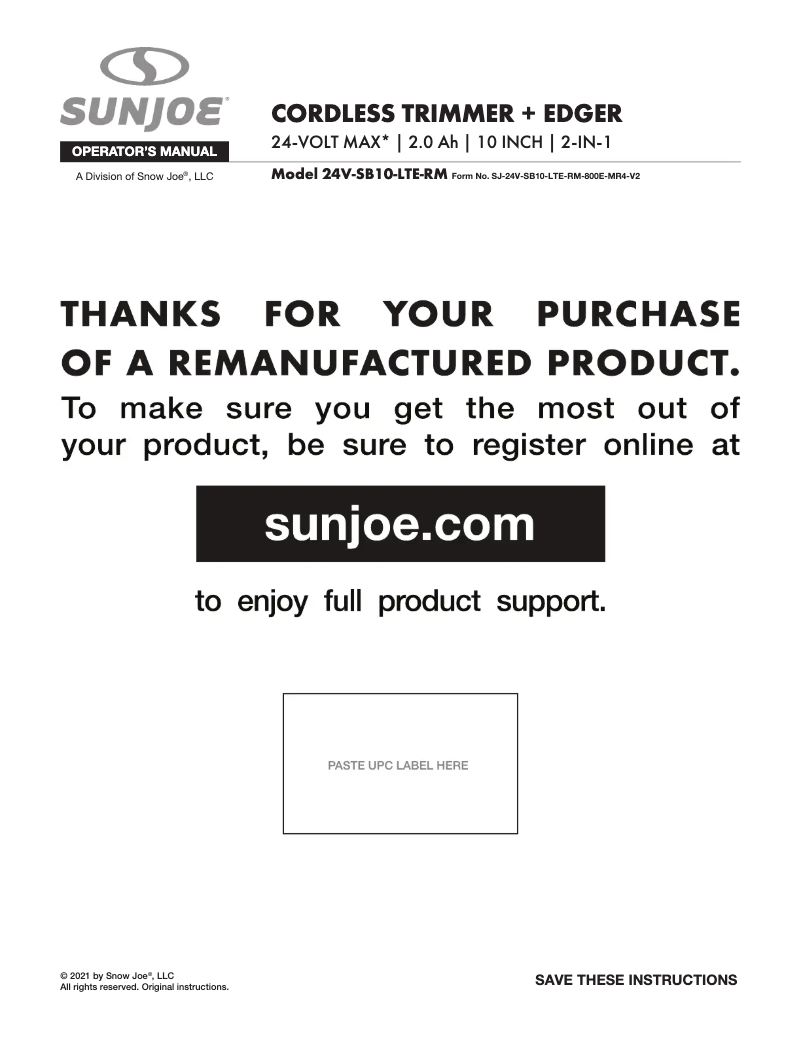 Page n°1 - Manuel utilisateur Sun Joe 24V-SB10-LTE-RM