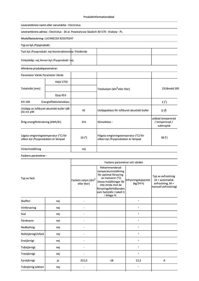 Page n°1 - Fiche technique Electrolux LUC4NE23X