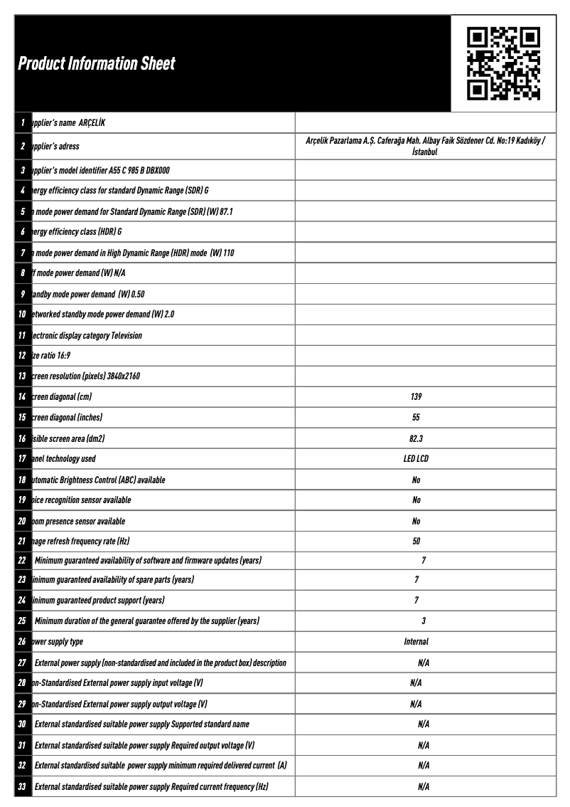Page n°1 - Fiche technique Arçelik A55 C 985 B