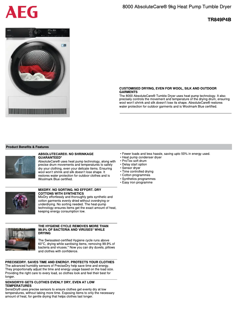 Page 1 de la notice Fiche technique AEG TR849P4B