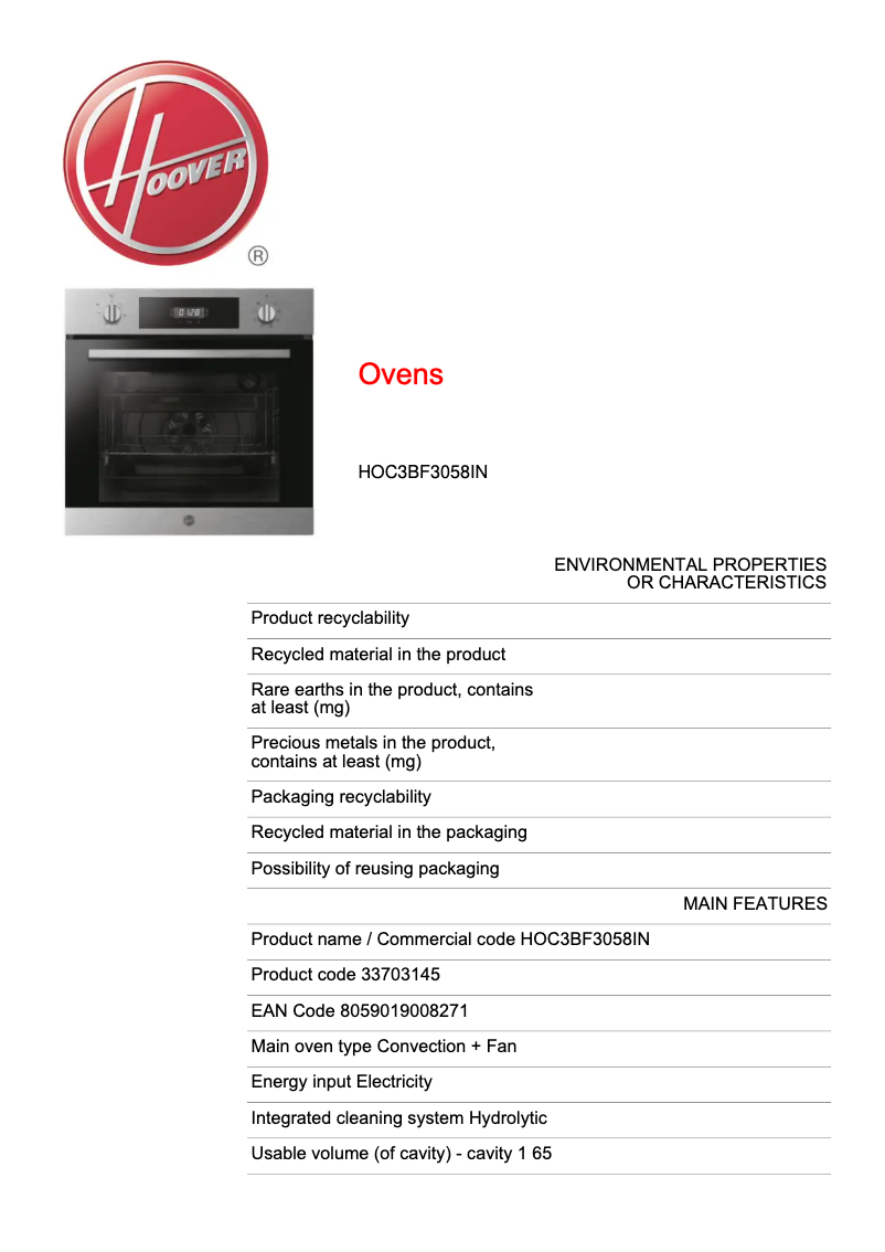 Page n°1 - Fiche technique Hoover H-OVEN 300 HOC3BF3058IN