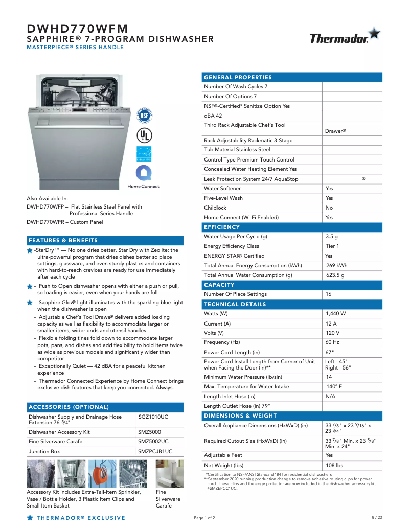Page 1 de la notice Fiche technique Thermador DWHD770WFM