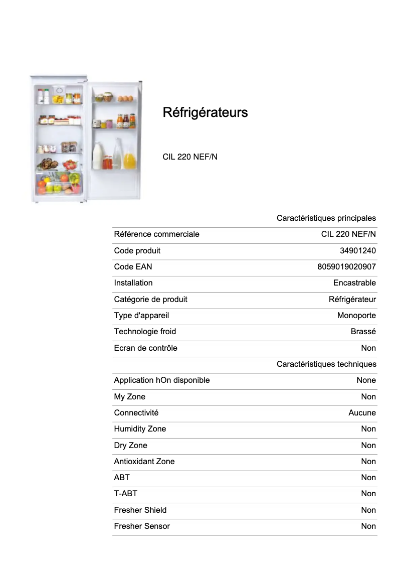 Page 1 de la notice Fiche technique Candy CIL 220 NEF/N