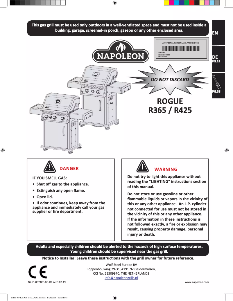 Page 1 de la notice Manuel utilisateur Napoleon Rogue 425-2