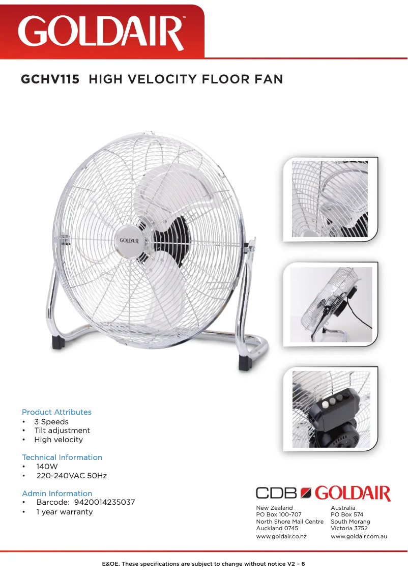 Page 1 de la notice Fiche technique GoldAir GCHV115