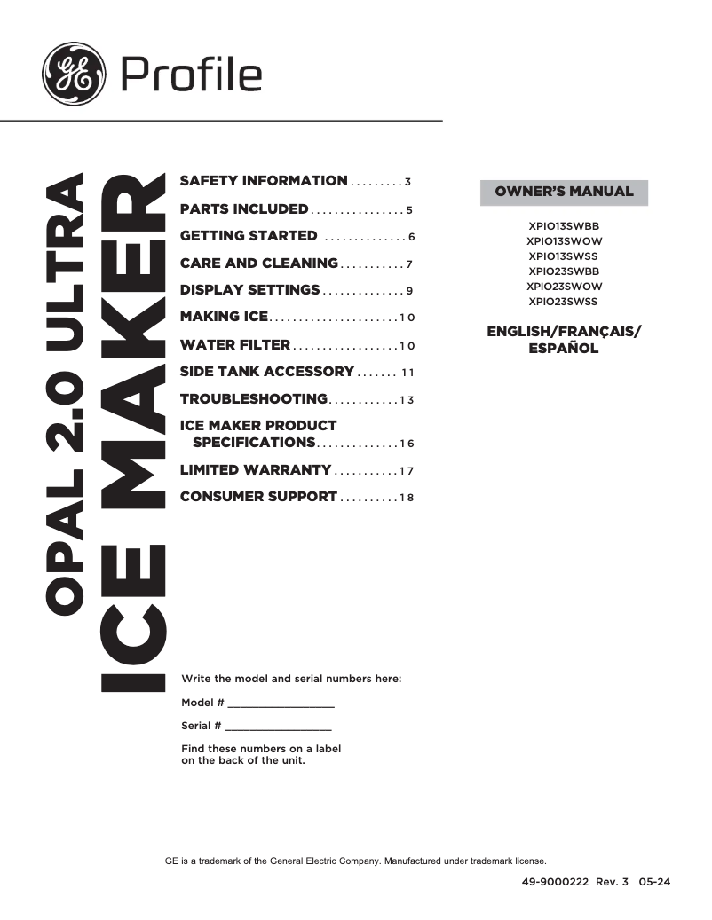 Page 1 of the manual User Manual GE Profile Opal XPIO13SWBB