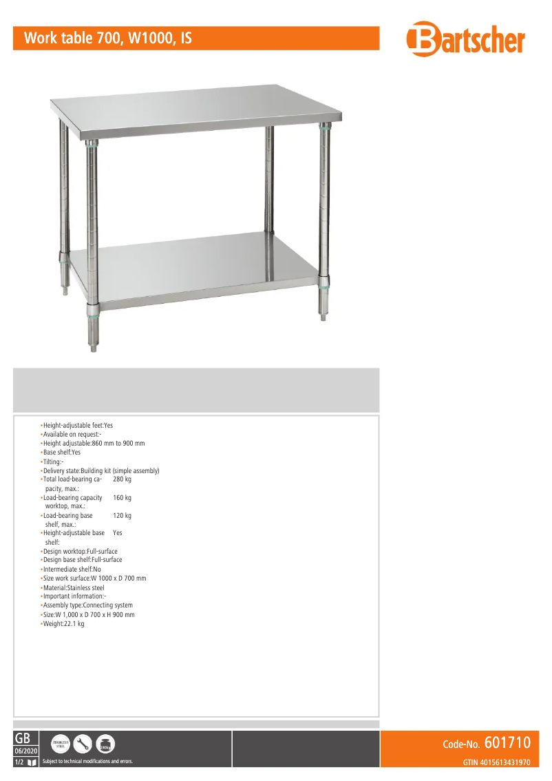 Page n°1 - Fiche technique Bartscher 601710