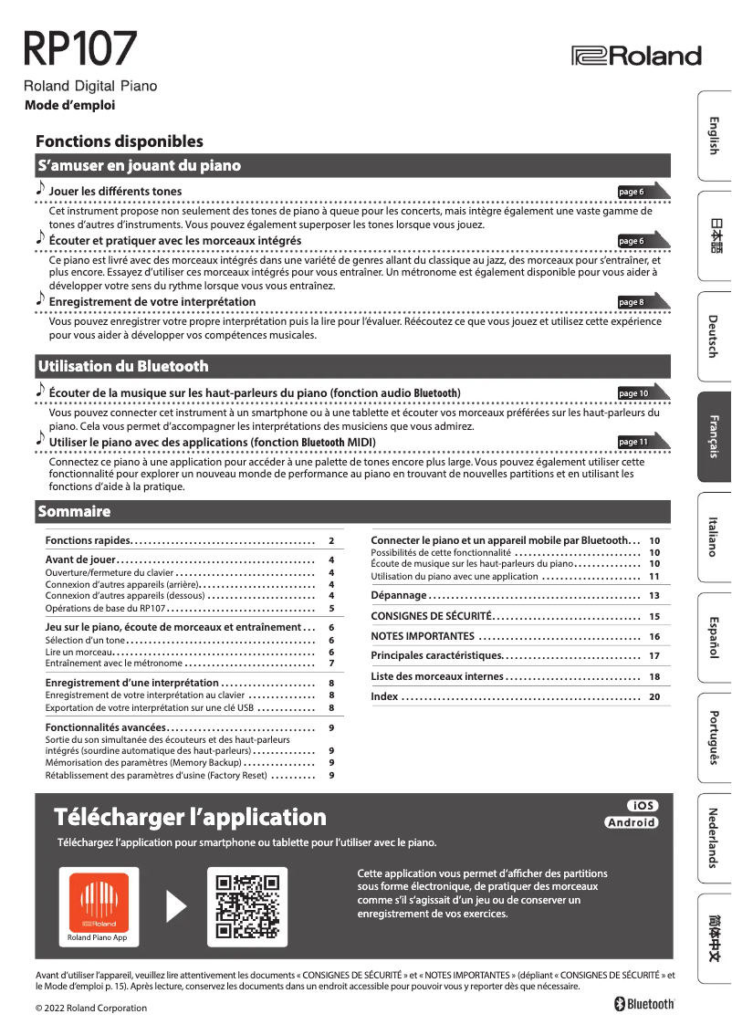Page 1 de la notice Manuel utilisateur Roland RP107