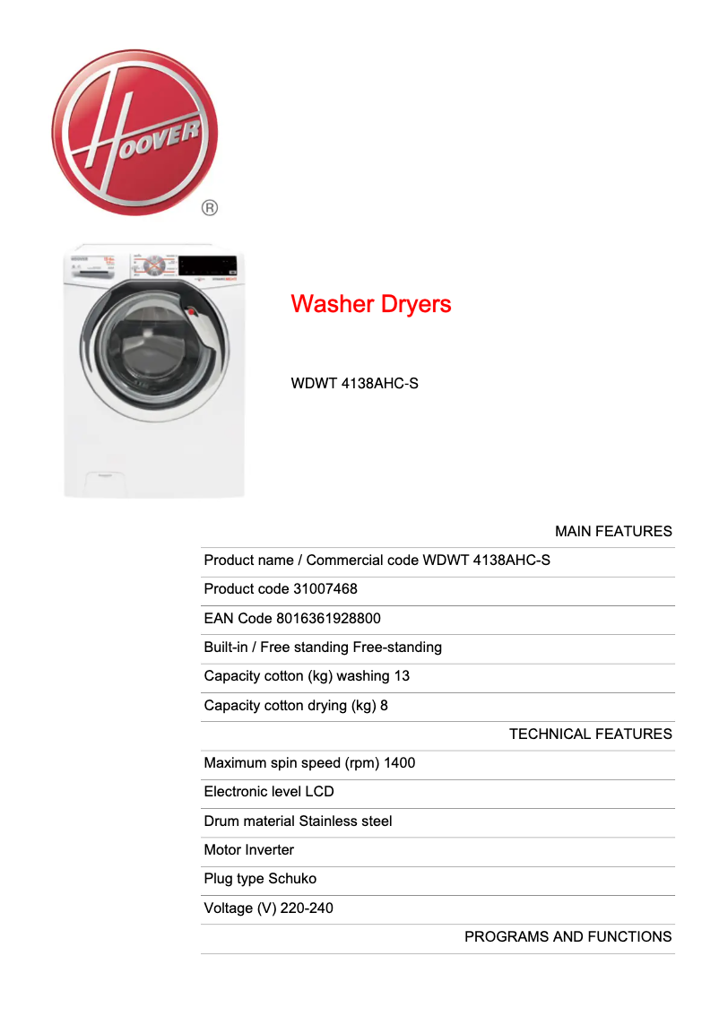 Page n°1 - Fiche technique Hoover WDWT 4138AHC-S