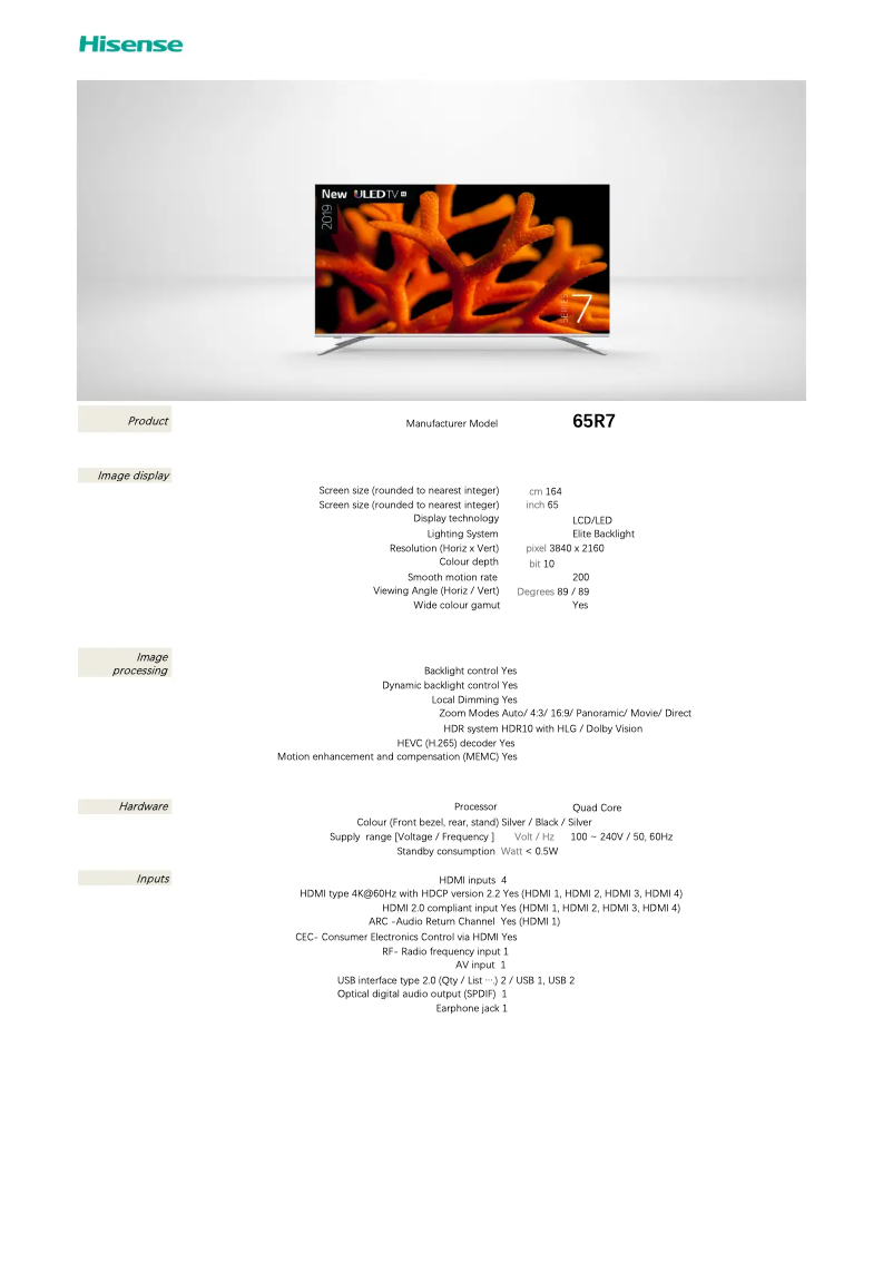 Page 1 de la notice Fiche technique Hisense 65R7