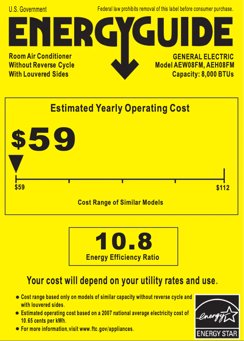 Page 1 de la notice Label énergétique GE AEW08FM