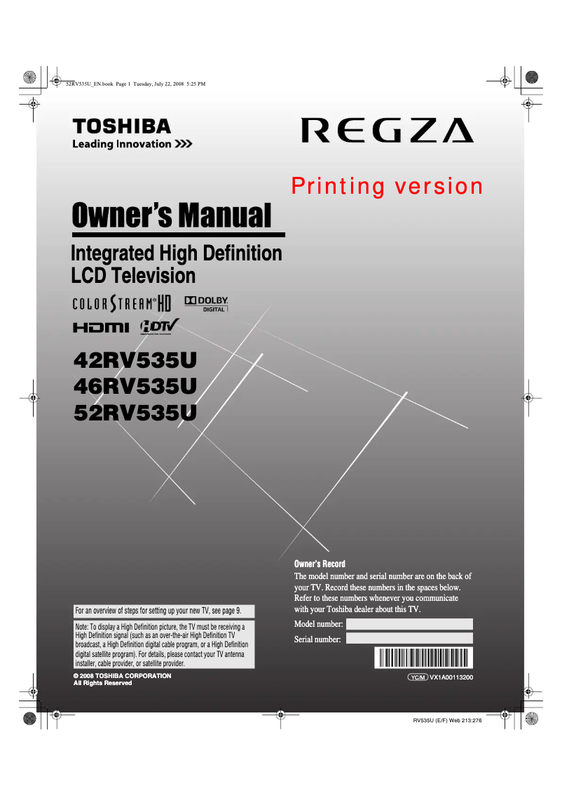 Image de la première page du manuel de l'appareil Regza 52RV535