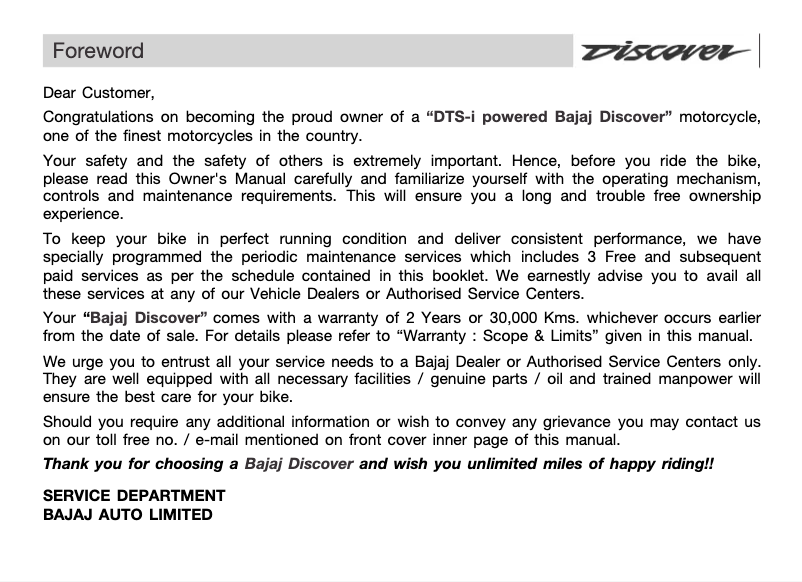 Page 1 de la notice Manuel utilisateur Bajaj Discover 100