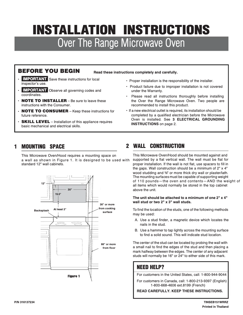 Page n°1 - Guide d'installation Frigidaire GLMV169HB