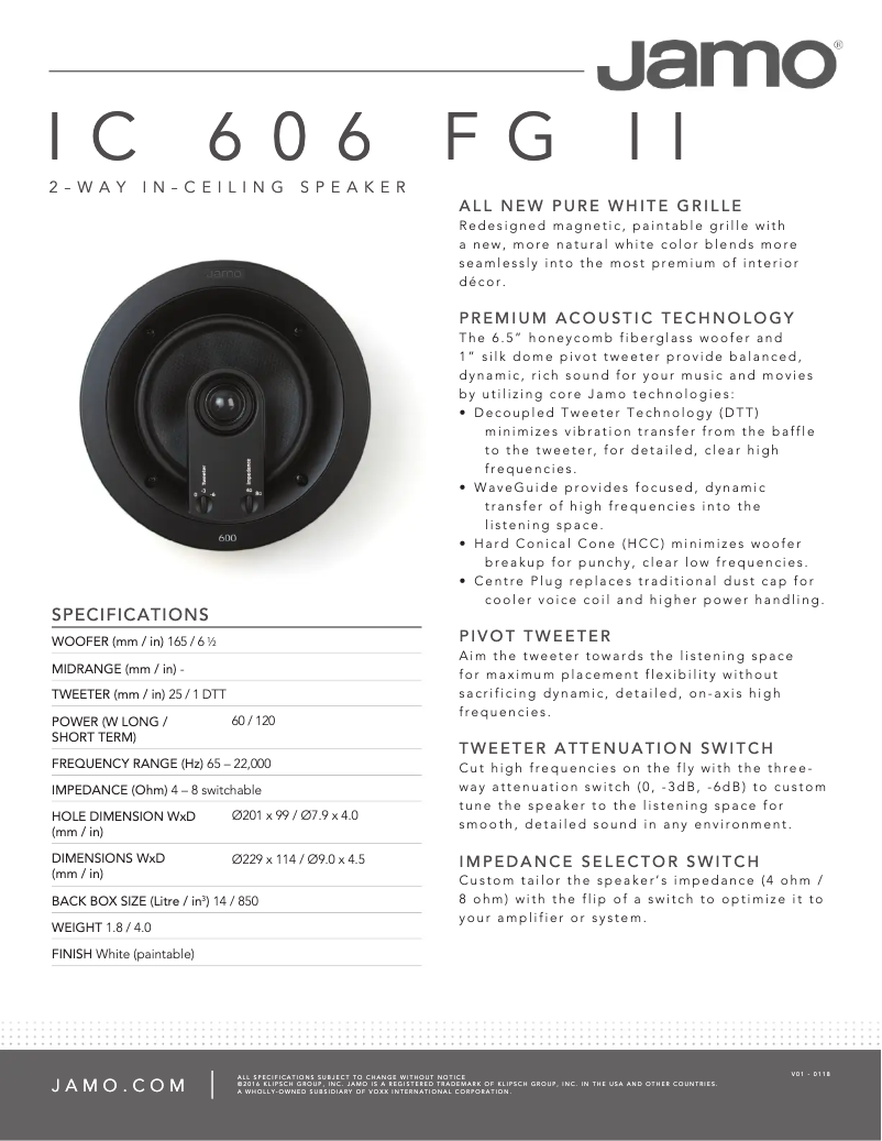 Página 1 del manual Ficha técnica Jamo IC 606 FG II