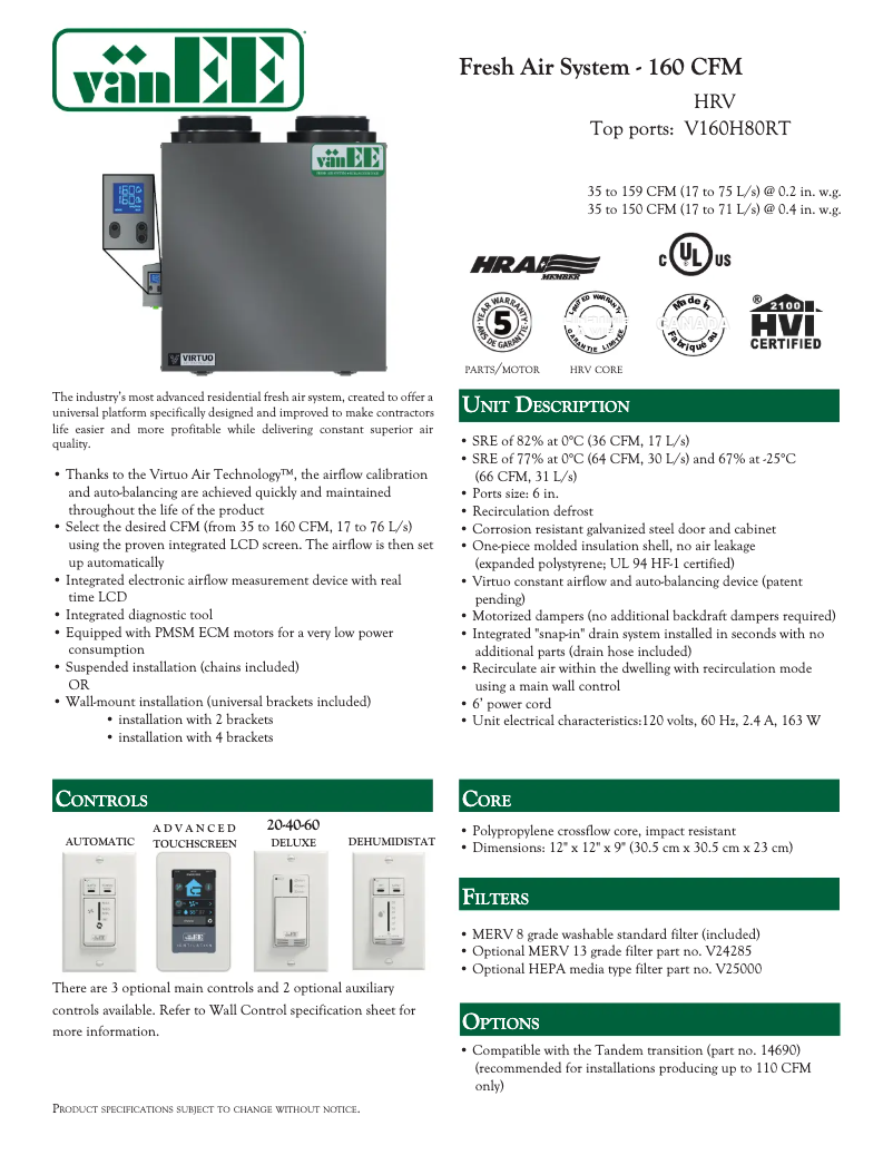 Image de la première page du manuel de l'appareil V160H80RT