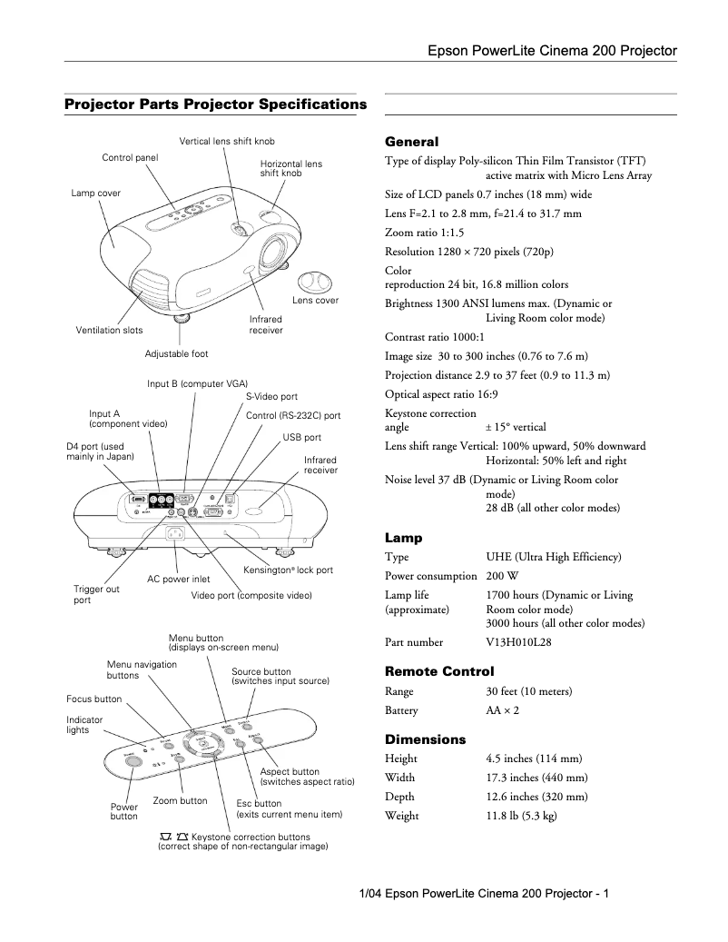 Página 1 del manual Ficha técnica Epson PowerLite Cinema 200