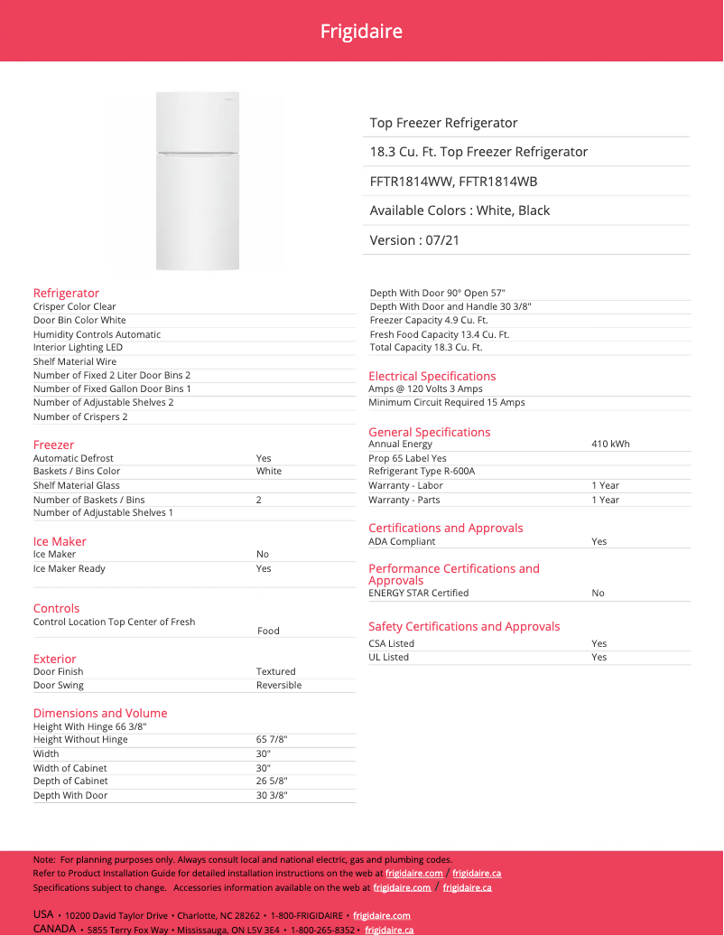 Page 1 de la notice Fiche technique Frigidaire FFTR1814WB