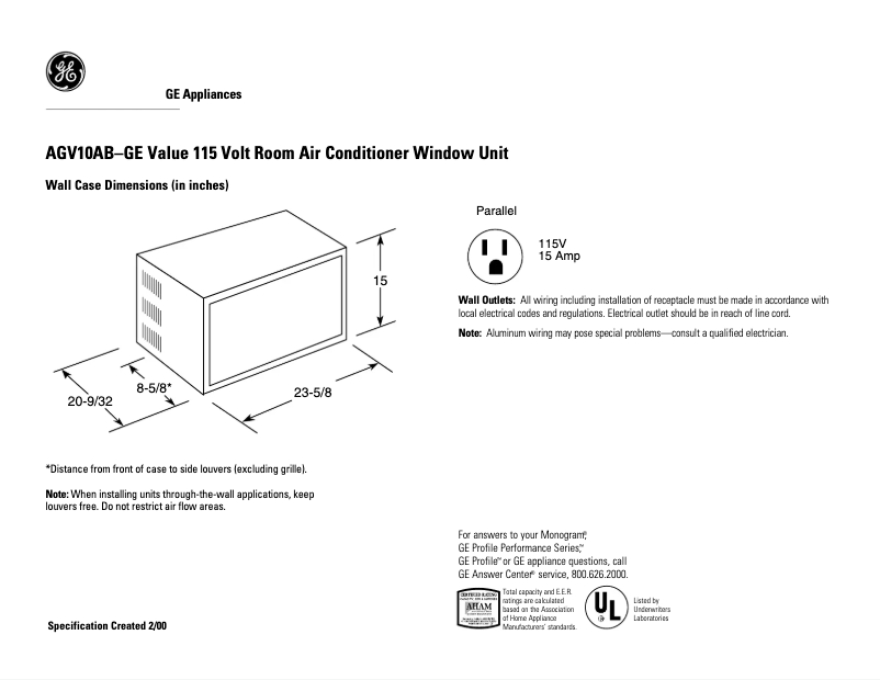 Page 1 de la notice Fiche technique GE AGV10AB