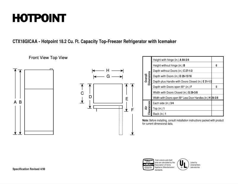 Page 1 de la notice Fiche technique Hotpoint CTX18GICAA