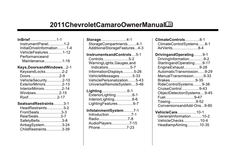 Page 1 de la notice Manuel utilisateur Chevrolet Camaro Convertible (2011)