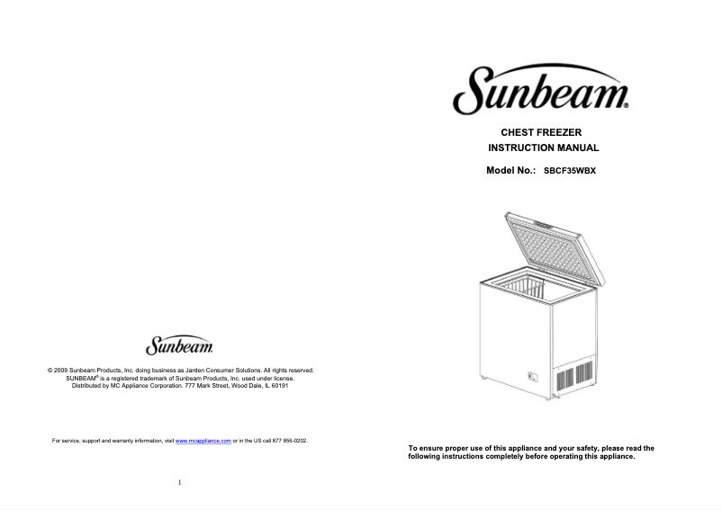 Page n°1 - Manuel utilisateur Sunbeam SBCF35WBX