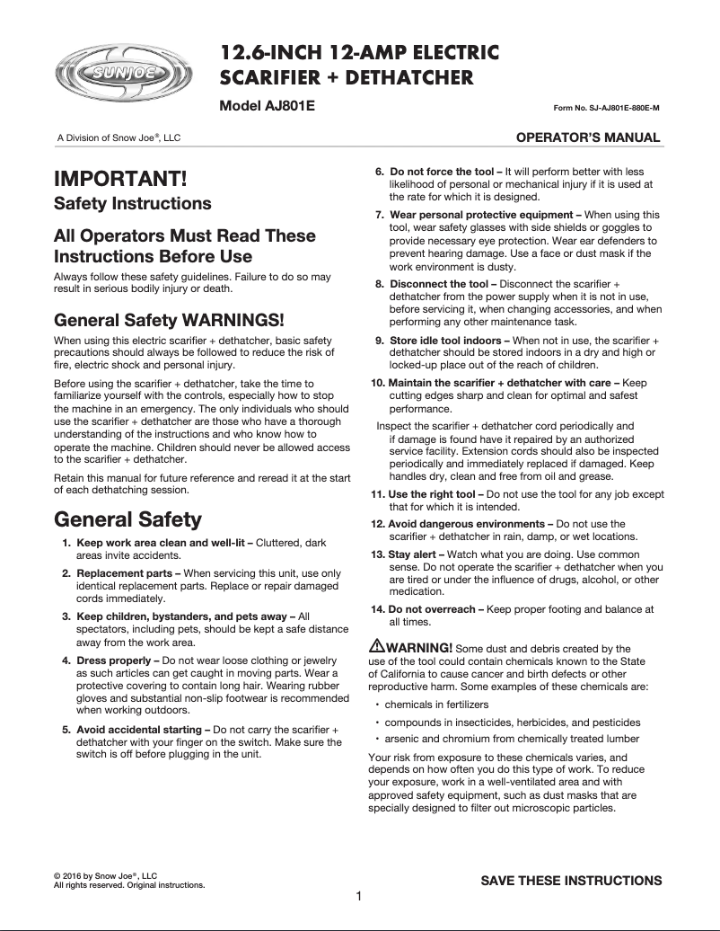 Page 1 de la notice Manuel utilisateur Sun Joe AJ801E