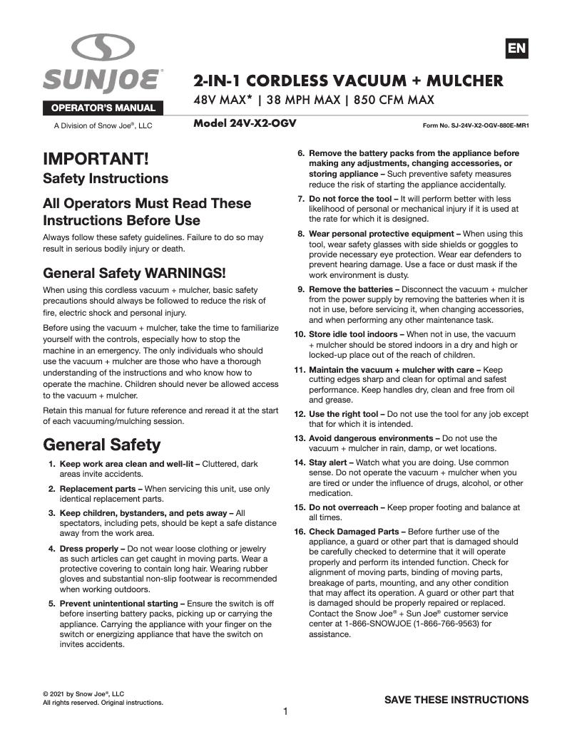 Page 1 de la notice Manuel utilisateur Sun Joe 24V-X2-OGV