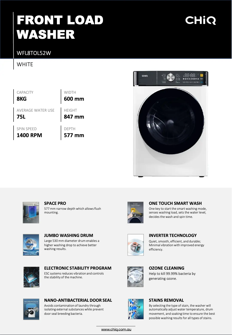 Page 1 de la notice Fiche technique CHiQ WFL8TOL52W