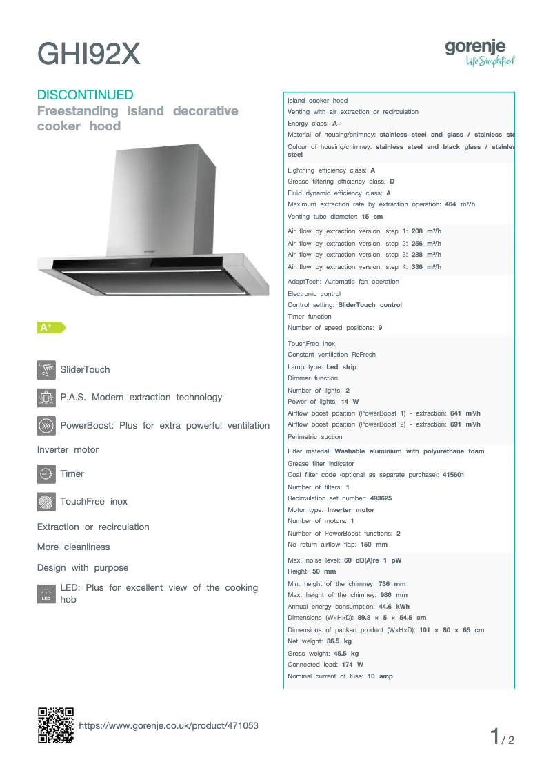 Page 1 de la notice Fiche technique Gorenje GHI92X