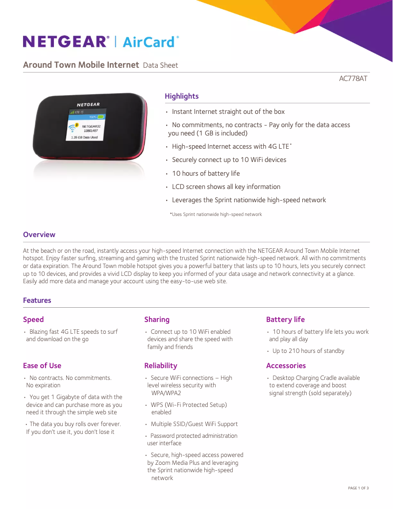 Page 1 de la notice Fiche technique Netgear AC778AT